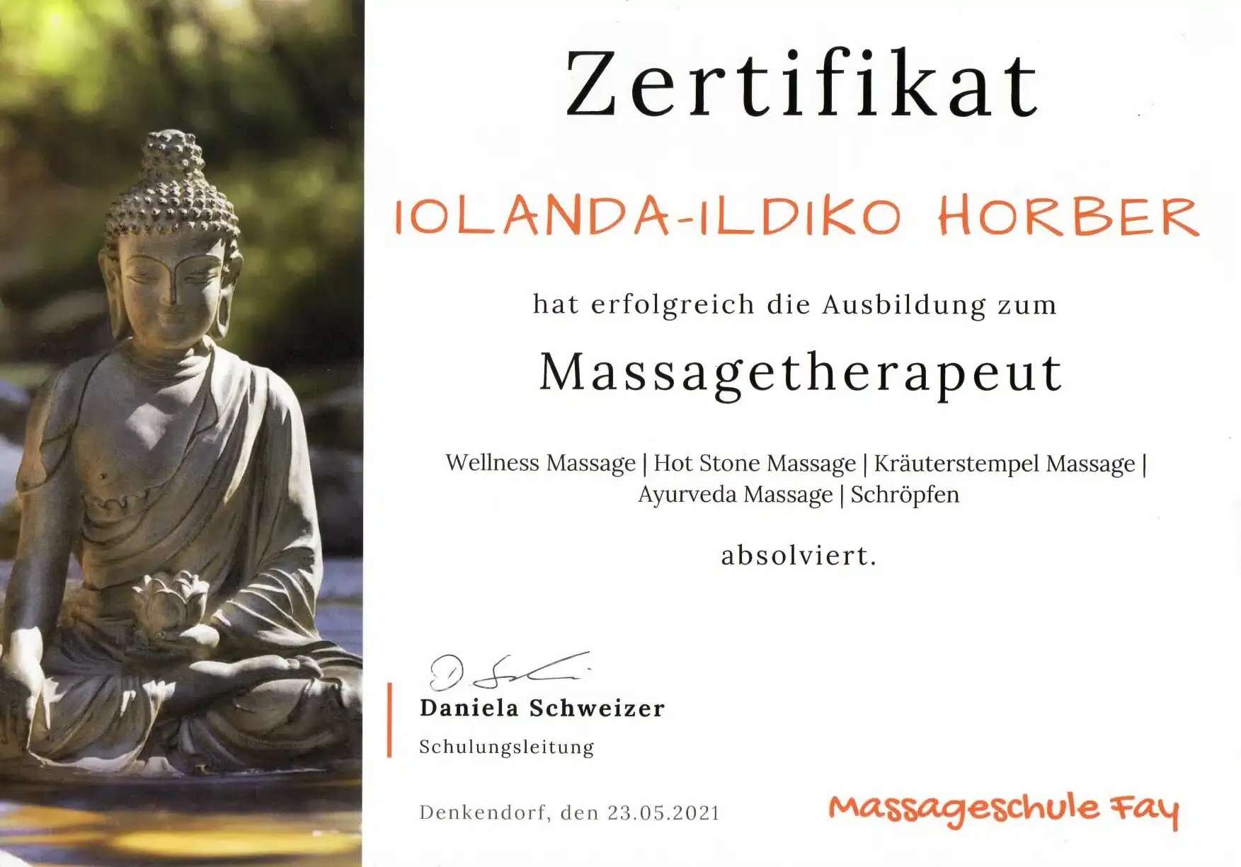Zertifikat Massagetherapeutin